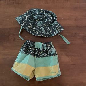 Patagonia bucket hat and board shorts 12-18m